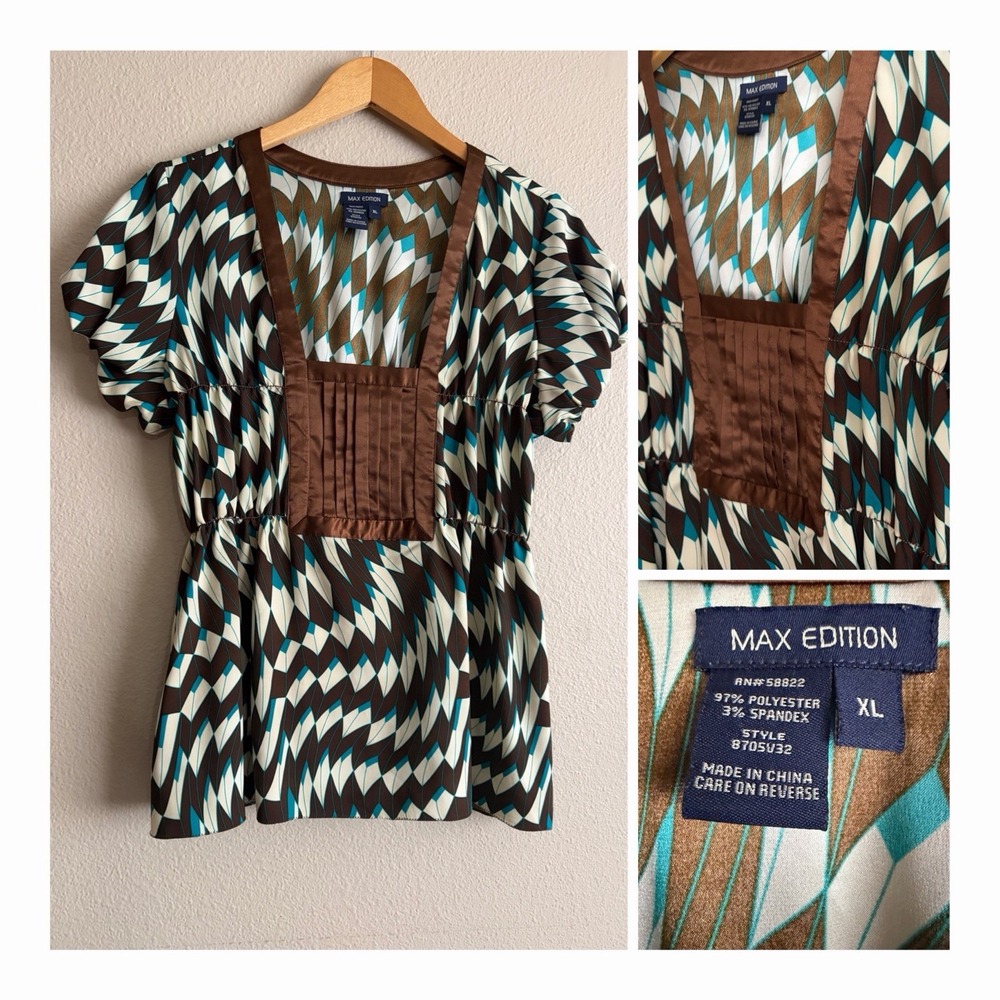 Vintage Y2K Max Edition Geometric Empire Waist Babydoll Blouse Top Teal Brown XL